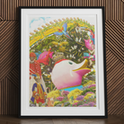 Another Day of Sun - Carnival Collage Art Print, 30’’x40’’ / Unframed, Colorful Whimsical Framed Artwork Stylized Pink Bird Surrounded