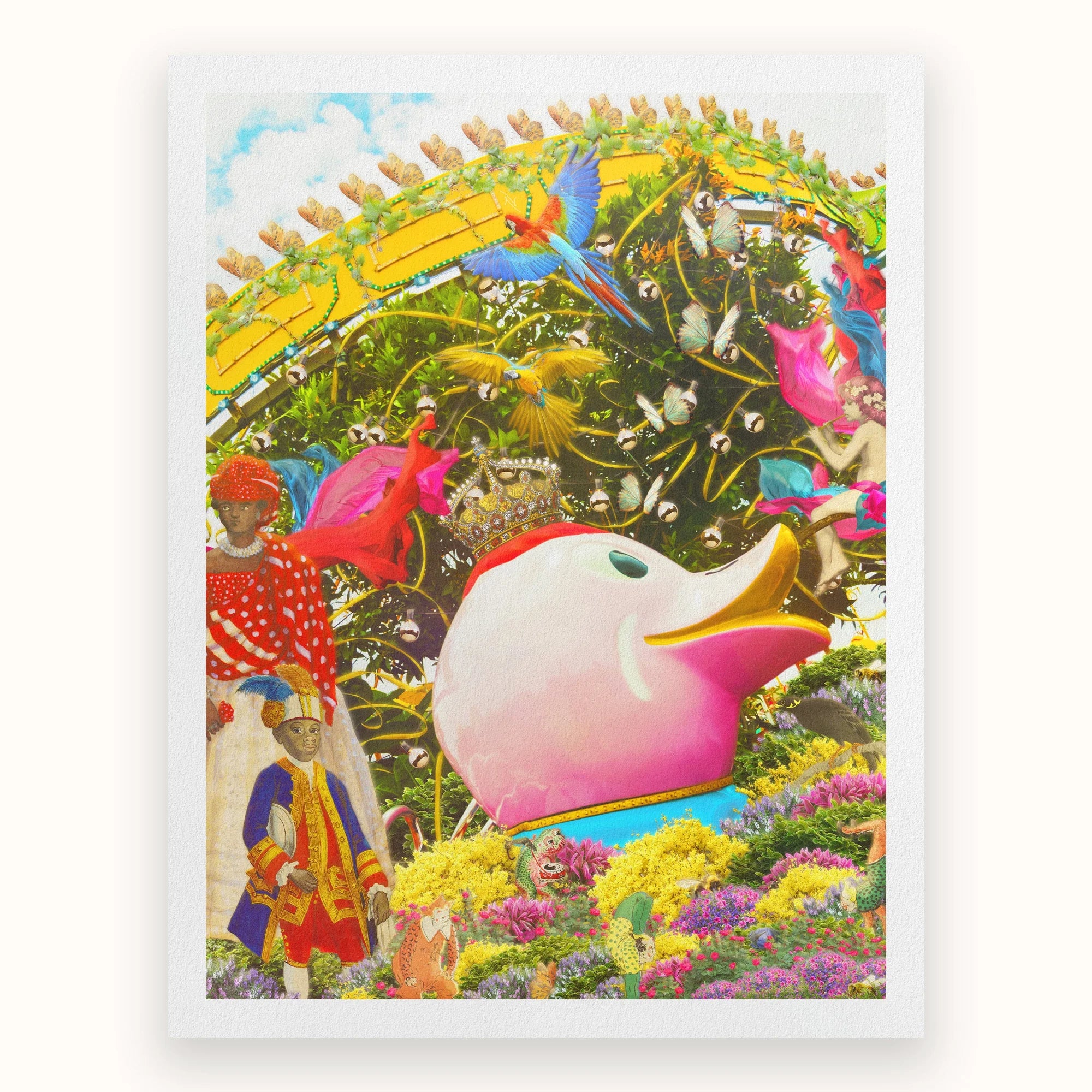 Another Day of Sun - Carnival Collage Art Print, Colorful Cartoon-style Duck Head Pink Beak Amid Vibrant