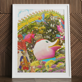 Another Day of Sun - Carnival Collage Art Print Vibrant Framed Artwork Pink Duck Yellow Beak Green Carnival Collage Art, Kaleidoscopic