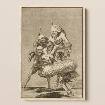 What one does to Another - Francisco De Goya Art Print / Canvas Framed Black-and-white Group Skeletal Figures Period Attire Atop Goya Art