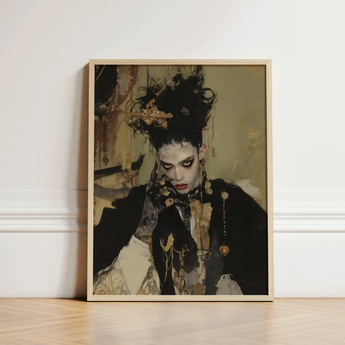 Framed Portrait Person Elaborate Dark Hair Adorned Gold Gay French Vampire, Wrapped, Gothic Couture