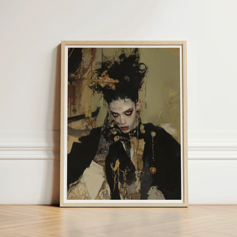 Framed Portrait Person Elaborate Black Gold Ornate Hair Gay French Vampire, Wrapped, Gothic Couture