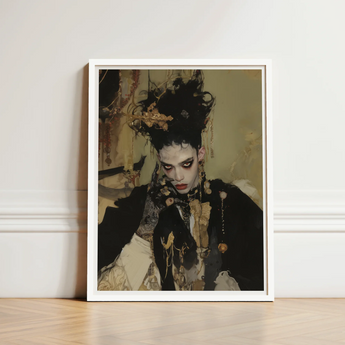 Framed Portrait Person Elaborate Black Gold Ornate Hair Gay French Vampire, Wrapped, Gothic Couture