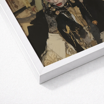Framed Artwork Woman Ornate Black Gold Outfit Intricate Gay French Vampire, Wrapped, Gothic Couture