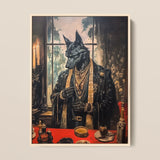 Anubis - Modern Egyptian God Art Framed Canvas, 12x16’’ / 31x41cm / Natural Floating Frame, Painting Regal Wolf-headed Figure Adorned Gold