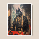 Anubis - Modern Egyptian God Art Framed Canvas, 12x16’’ / 31x41cm / White Floating Frame, Painting Anthropomorphic Black Wolf Suit Adorned