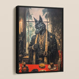 Anubis - Modern Egyptian God Art Framed Canvas, Framed Canvas Print Wolf-headed Man Suit Adorned Gold