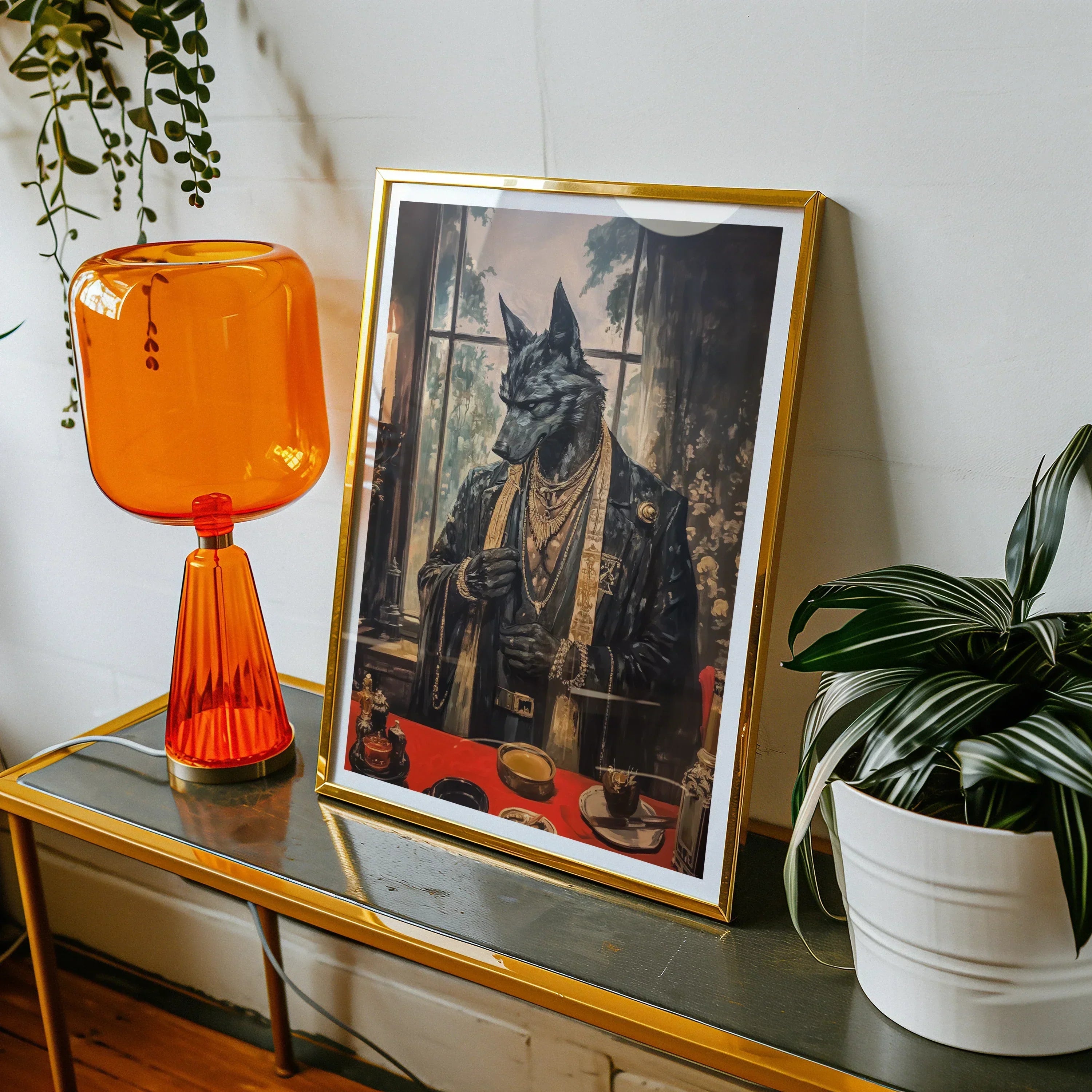 Anubis - Modern Egyptian God Art Print, 18’’x24’’ / Unframed, Framed Artwork Anthropomorphic Wolf Dressed Ornate Clothing Jewelry