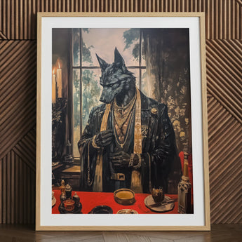 Anubis art print, modern Egyptian god, framed artwork.