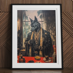 Anubis Modern Egyptian God Art Print, 24x32’’ / 61x81cm / Unframed, Framed Portrait Anthropomorphic Dog Dressed Ornate Robes Jewelry