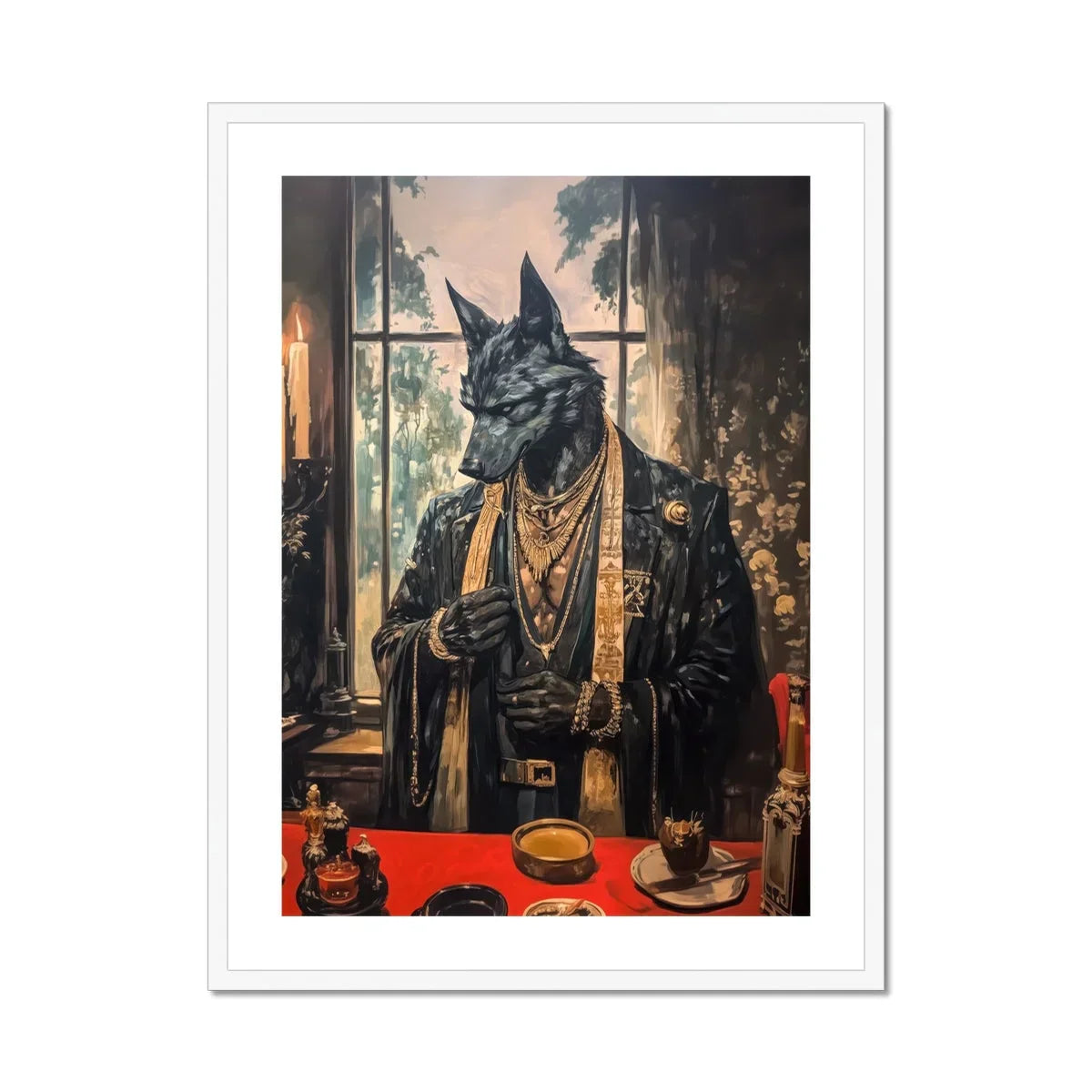 Anubis - Modern Egyptian God Art Print, Anthropomorphic Black Dog Victorian-style Formal Attire Jewelry