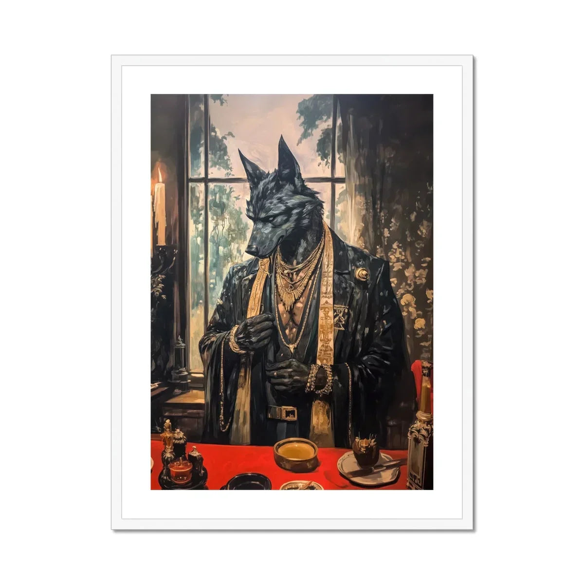 Anubis Modern Egyptian God Art Print, Anthropomorphic Black Dog Victorian Style Formal Attire Jewelry