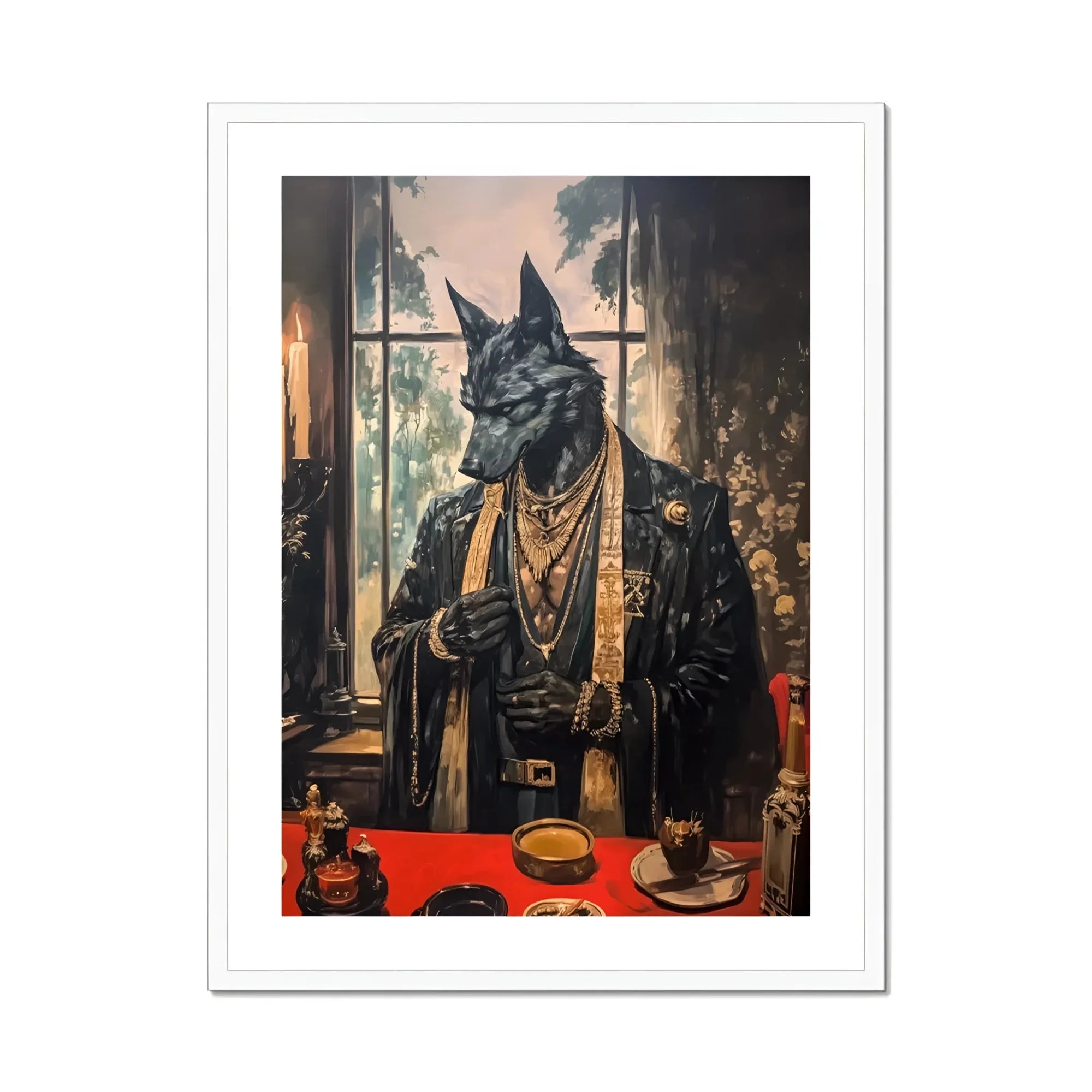 Anubis Modern Egyptian God Art Print, Anthropomorphic Black Dog Victorian Style Formal Attire Jewelry