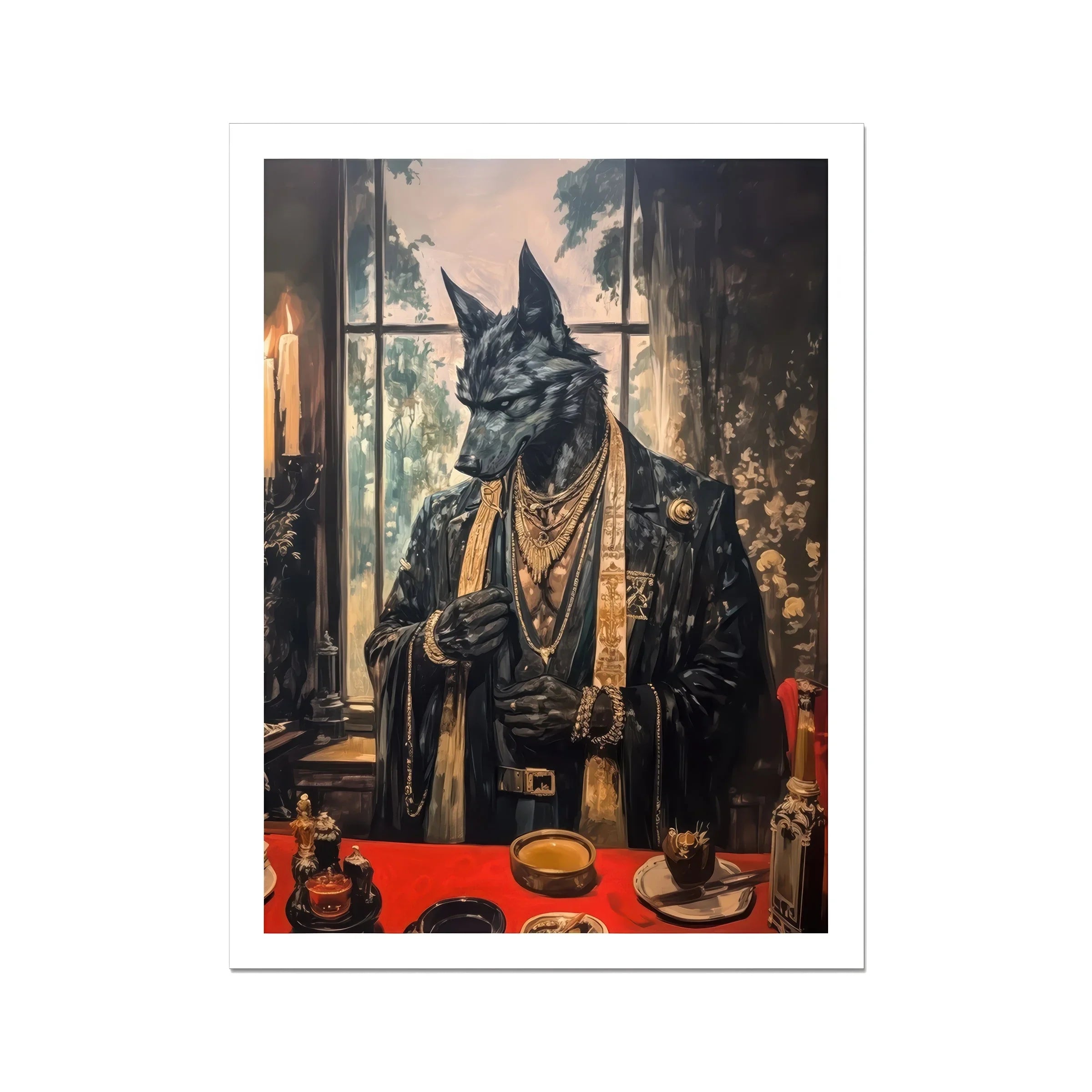 Anubis Modern Egyptian God Art Print, Anthropomorphic Jackal Dog Headed Figure Ornate Egyptian Style Clothing Jewelry