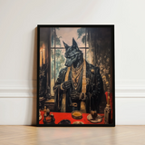 Black Framed Portrait Wolf Formal Attire Adorned Gold Shadows Drape Anubis, Modern Egyptian God, Art