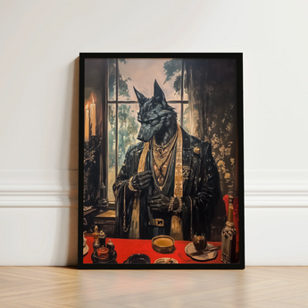 Black Framed Portrait Wolf Formal Attire Adorned Gold Shadows Drape Anubis, Modern Egyptian God, Art