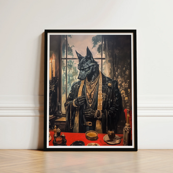 Black-framed Artwork Wolf Opulent Dark Leather Suit Adorned Shadows Drape Anubis, Modern Egyptian God, Art