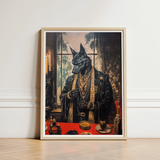 Framed Artwork Black Wolf Opulent Dark Leather Suit Shadows Drape Anubis, Modern Egyptian God, Art