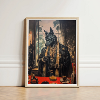 Framed Artwork Black Wolf Opulent Dark Leather Suit Shadows Drape Anubis, Modern Egyptian God, Art