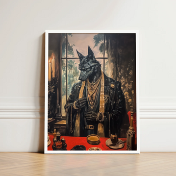 Framed Portrait Black Wolf Formal Attire Adorned Gold Shadows Drape Anubis, Modern Egyptian God, Art