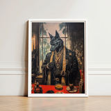 Framed Artwork Black Wolf Opulent Dark Leather Suit Shadows Drape Anubis, Modern Egyptian God, Art