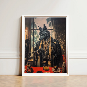 Framed Artwork Black Wolf Opulent Dark Leather Suit Shadows Drape Anubis, Modern Egyptian God, Art