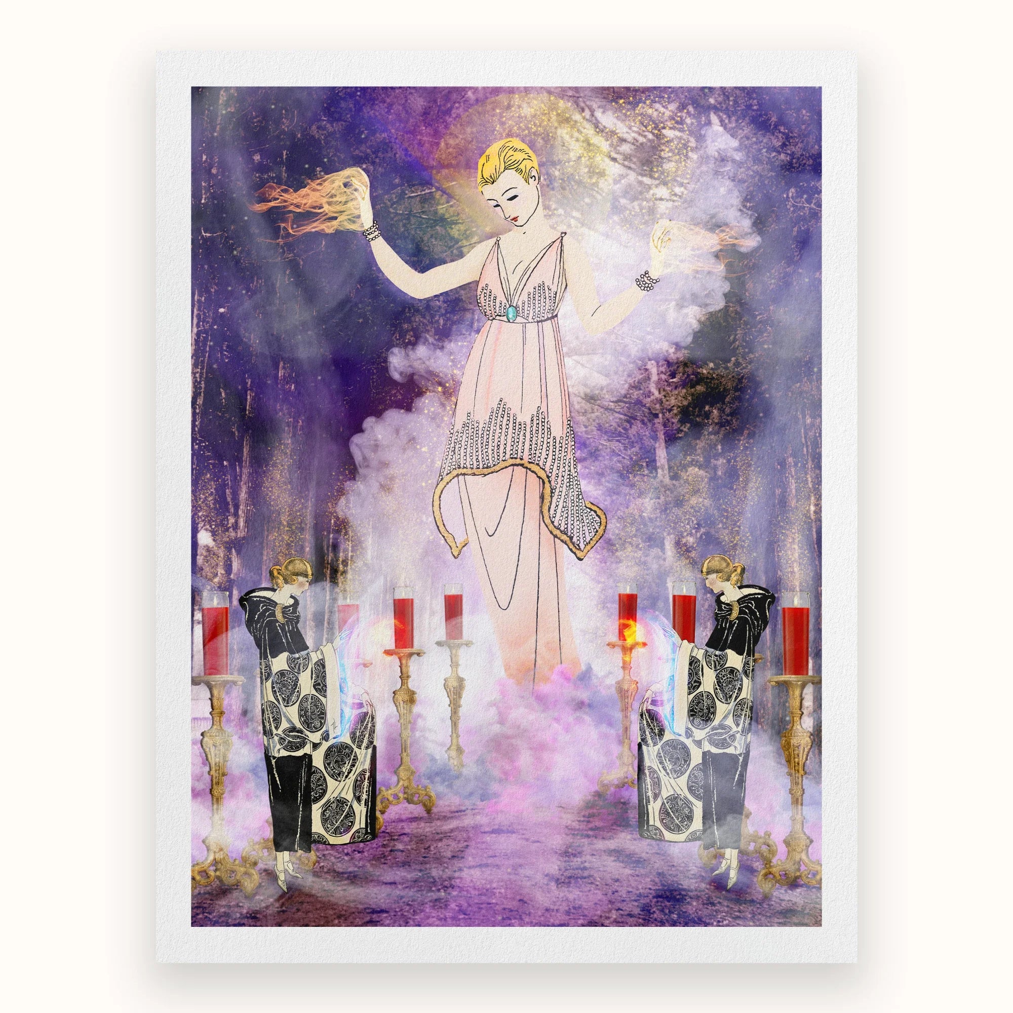 Aphromighty the 50ft Wiccan - Witch Myth Art Print, Ethereal Female Figure White Dress Candles Smoke
