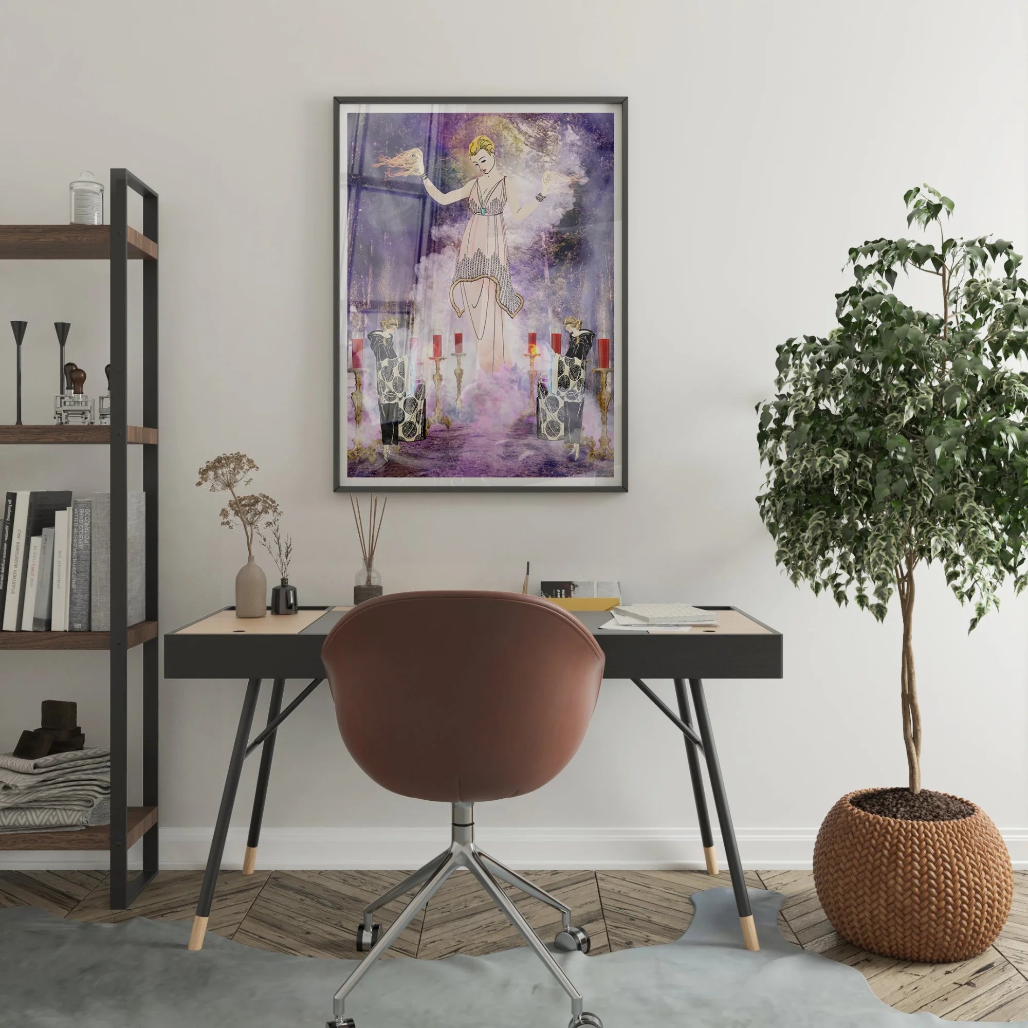 Aphromighty the 50ft Wiccan - Witch Myth Art Print, Framed Artwork Stylized Figure Purple White Ethereal Scene