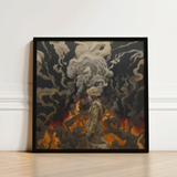 Black-framed Artwork Figure Muted Earth Tones Amidst Smoke Beautiful Apocalypse Art, World Unraveling, Haunting Ballet