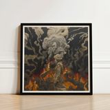 Black-framed Artwork Figure Muted Tones Smoke Flames Beautiful Apocalypse Art, World Unraveling, Haunting Ballet