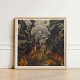 Square-framed Artwork Figure Muted Tones Amidst Smoke Fiery Beautiful Apocalypse Art, World Unraveling, Haunting Ballet