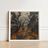 Framed Artwork Figure Muted Tones Smoke Flames Encased Beautiful Apocalypse Art, World Unraveling, Haunting Ballet