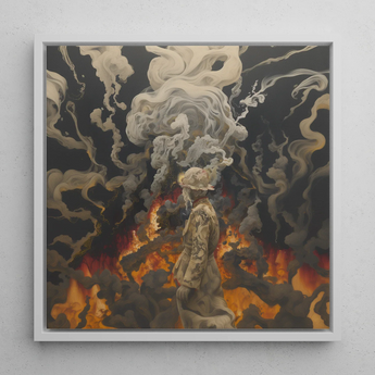 Apocalypso - Beautiful Apocalypse Art Print / Canvas Framed Artwork Figure Muted Tones Amidst Smoke Fiery Beautiful Apocalypse Art, World