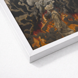 White Framed Artwork Figure Sepia-toned Attire Flames Smoke Beautiful Apocalypse Art, World Unraveling, Haunting Ballet