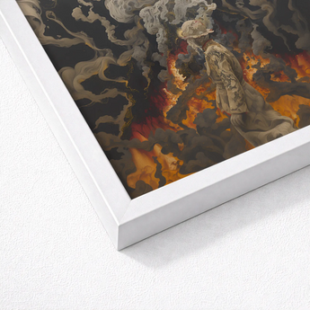 White Framed Artwork Figure Sepia-toned Attire Flames Smoke Beautiful Apocalypse Art, World Unraveling, Haunting Ballet