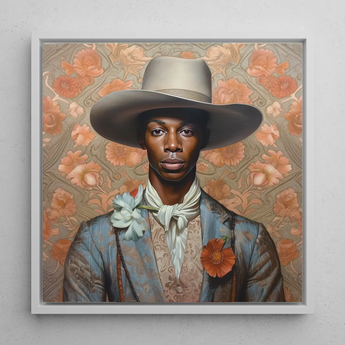 Apollo - Kunstdruck eines schwulen schwarzen Dandy-Cowboys / Leinwand, 12x12’’ / 31x31cm / Weißer Rahmen, Poster, Drucke & visuelle Kunstwerke, Toby Leon