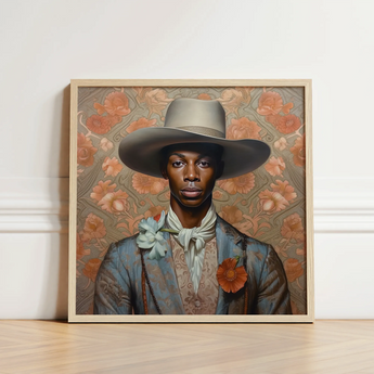 Framed Portrait Man Wide-brimmed Hat Ornate Blue Jacket Gay Black Cowboy, Dandy, Art