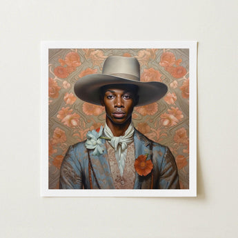 Apollo - Gay Black Dandy Cowboy Art Print / Canvas Square-framed Portrait Man Wide-brimmed Light Gray Hat, Prints