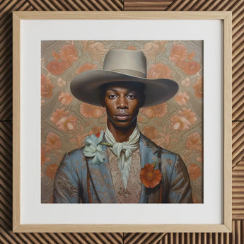 Apollo - Gay Black Dandy Cowboy Art Print / Canvas Wooden Framed Portrait Man Wide-brimmed Hat Floral Attire Gay Black Cowboy, Cowboy