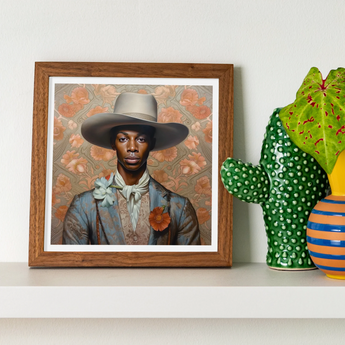 Apollo - Gay Black Dandy Cowboy Art Print, Framed Portrait Artwork Figure Wide-brimmed Hat Formal Attire