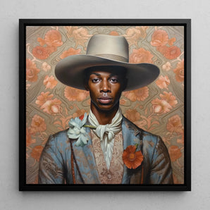 Apollo - Gay Black Dandy Cowboy Framed Canvas, 12x12’’ / 31x31cm / Floating Frame, Portrait Person Wide-brimmed Hat Elegant Attire Floral