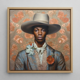 Apollo - Gay Black Dandy Cowboy Framed Canvas, 12x12’’ / 31x31cm / Natural Floating Frame, Framed Painting Man Wide-brimmed Hat Light Blue