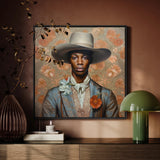 Apollo - Gay Black Dandy Cowboy Framed Canvas, Framed Portrait Gray Cowboy Hat Blue Suit Jacket