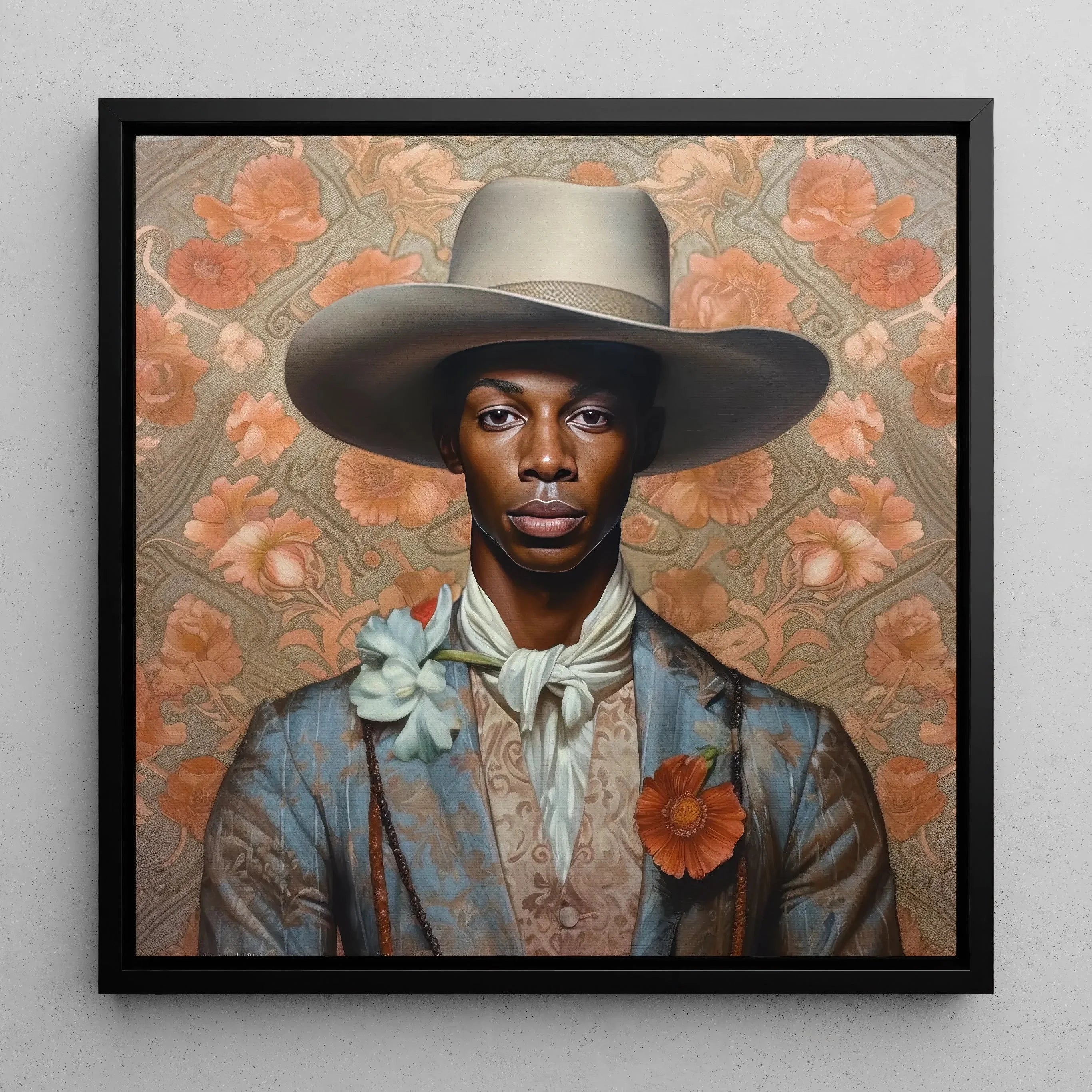 Apollo Gay Black Dandy Cowboy Framed Canvas, Portrait Person Wide Brimmed Hat Elegant Attire Floral Background