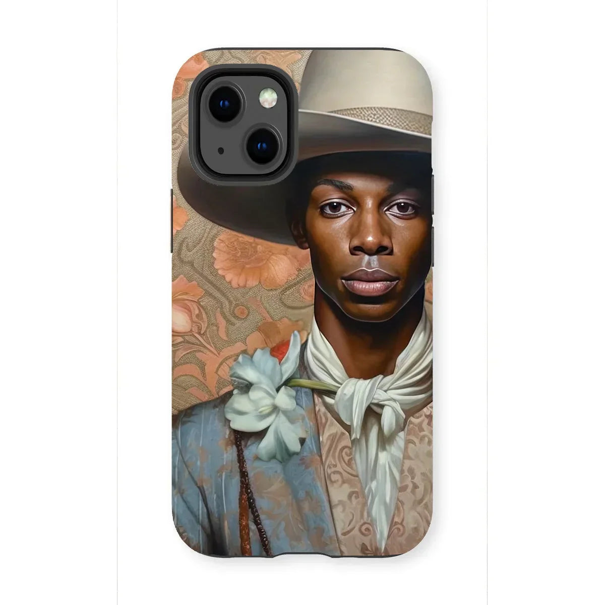 Apollo - Gay Black Dandy Cowboy Iphone Case, 13 Mini / Matte, Phone Case Portrait Black Man Wide-brimmed Hat Floral