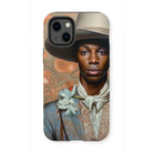 Apollo - Gay Black Dandy Cowboy Iphone Case, 13 Mini / Matte, Phone Case Portrait Black Man Wide-brimmed Hat Floral