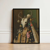 Framed Artwork Decorative Bull Skull Adorned Colorful Beads Pagan Priestess Art, Enigmatic Presence Woven, Forbidden Knowledge