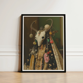 Framed Artwork Skull Adorned Ornate Colorful Beads Decorative Pagan Priestess Art, Enigmatic Presence Woven, Forbidden Knowledge