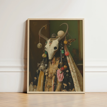 Framed Artwork Bovine Skull Adorned Intricate Jewelry Colorful Pagan Priestess Art, Enigmatic Presence Woven, Forbidden Knowledge