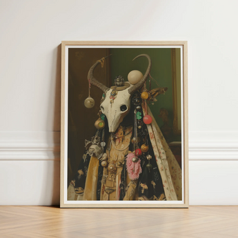 Framed Artwork Skull Adorned Ornate Colorful Beads Decorative Pagan Priestess Art, Enigmatic Presence Woven, Forbidden Knowledge